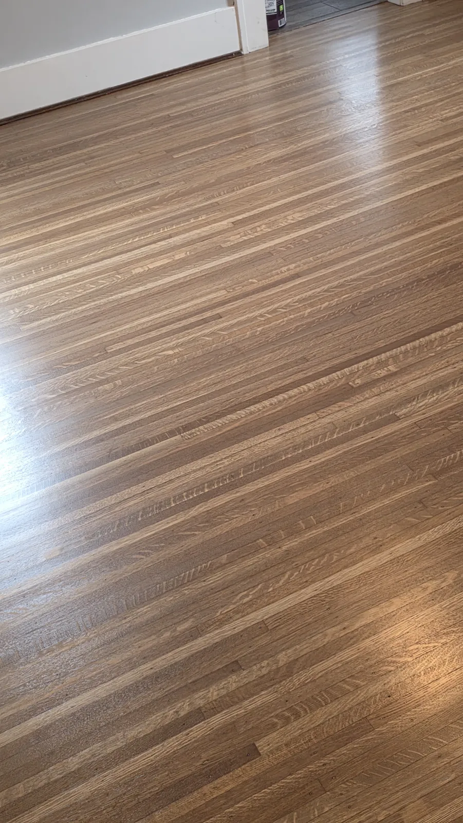 Close-up of refinished oak hardwood flooring