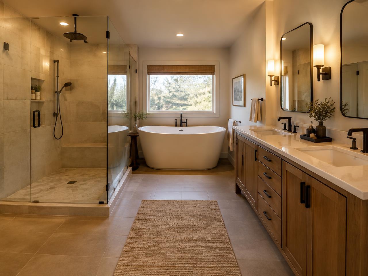 Remodeled bathroom with glass walk-in shower, freestanding tub and double vanity