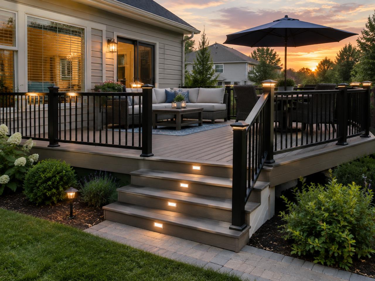 Composite backyard deck with black railings and lit stairs at sunset